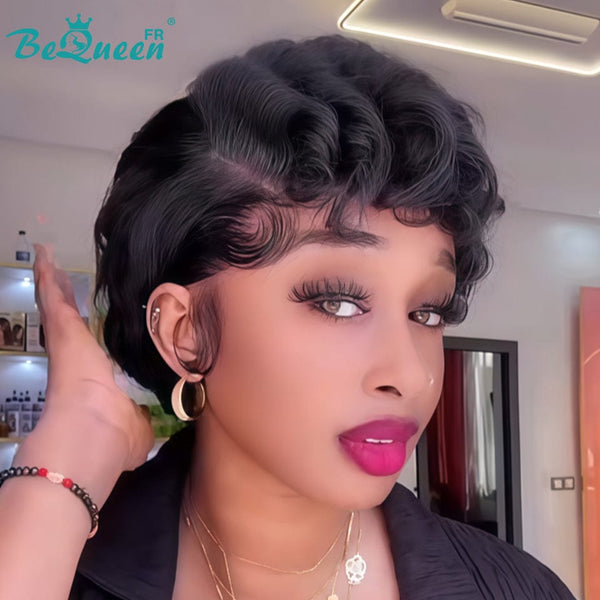 Bequeen Peluca "Suwa" Pixie negro Sin pegamento Frontal En encaje Con raya al lado