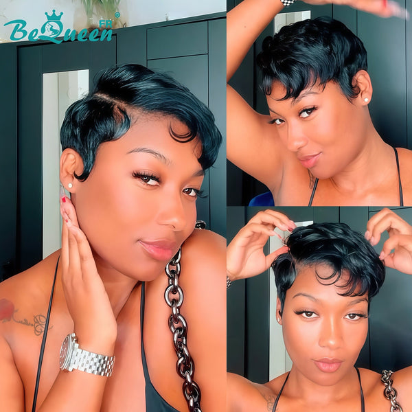 Bequeen Perruque “Suwis” Pixie lisse noir Sans colle Frontale Lace Avec Raie Du Côté