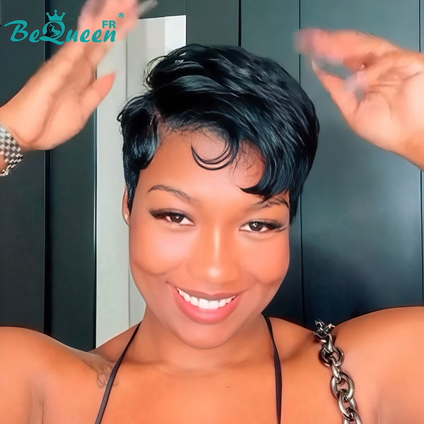 Bequeen Perruque “Suwis” Pixie lisse noir Sans colle Frontale Lace Avec Raie Du Côté