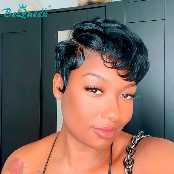 Bequeen Perruque “Suwis” Pixie lisse noir Sans colle Frontale Lace Avec Raie Du Côté