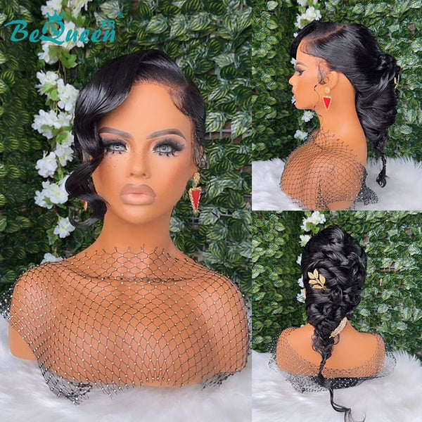 BeQueen „Picy“ Schwarze Hochzeitsperücke mit Chignon und Lace Frontale 13x4