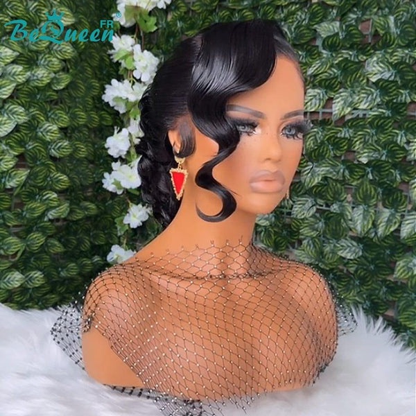 BeQueen „Picy“ Schwarze Hochzeitsperücke mit Chignon und Lace Frontale 13x4