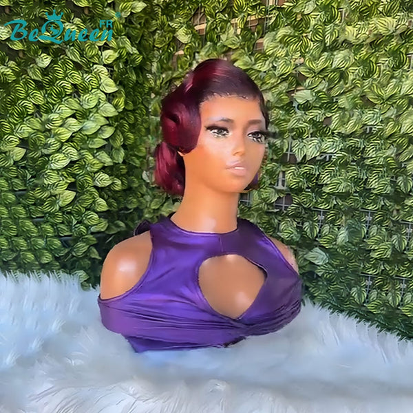 BeQueen “Tinnie” Black Wedding Wig Chignon Burgundy Red Color with 13x4 Lace Frontal