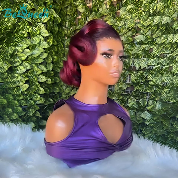 BeQueen “Tinnie” Black Wedding Wig Chignon Burgundy Red Color with 13x4 Lace Frontal