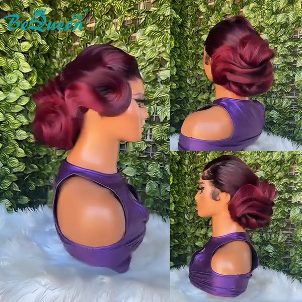 BeQueen “Tinnie” Black Wedding Wig Chignon Burgundy Red Color with 13x4 Lace Frontal