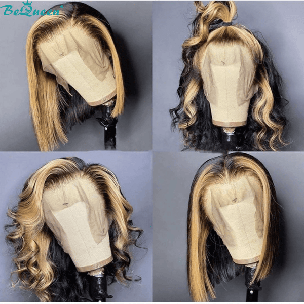 Perruque Bob à  Dentelle Frontale 13x4 Lisse Couleur Noir Devanture Miel