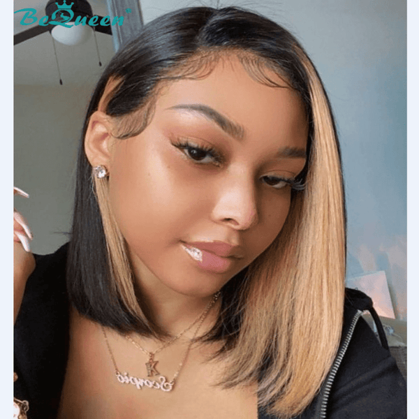 Perruque Bob à  Dentelle Frontale 13x4 Lisse Couleur Noir Devanture Miel