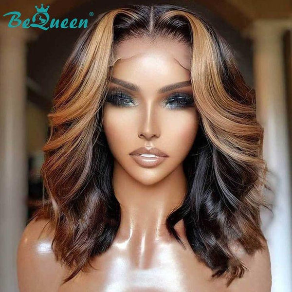 Perruque Bob Body Wave à T Part de Couleur Highlight Châtain Miel  100% Cheveux humains