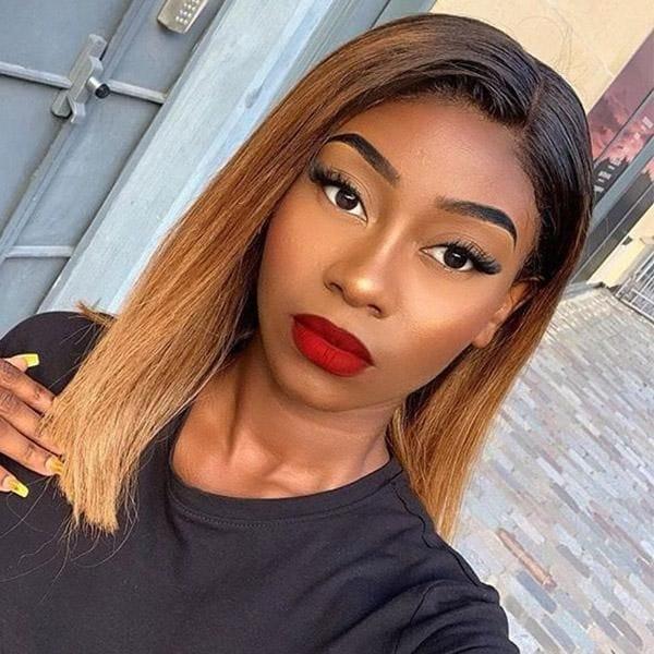 BeQueen Perruque Bob T Part Lisses racine noir ou Marron racine noir ou Bordeaux Rouge