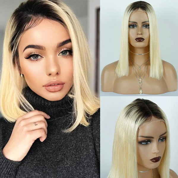 BeQueen Perruque à Dentelle Closure 4x4 Bob Colorée Racine Noir  #1B, Perruque Cheveux Lisses