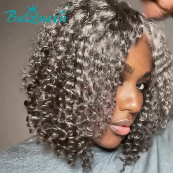 BeQueen "Dillan" Extension de Pelo Pixie con Rizos en Tono Gris Dentelle Cierre 4x4 Sal y Pimienta
