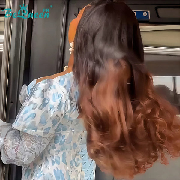 BeQueen “Hilary" Perruque Longue body wave Noir et marron avec Lace Frontale 28 Pouces Sans colle Moitié prix