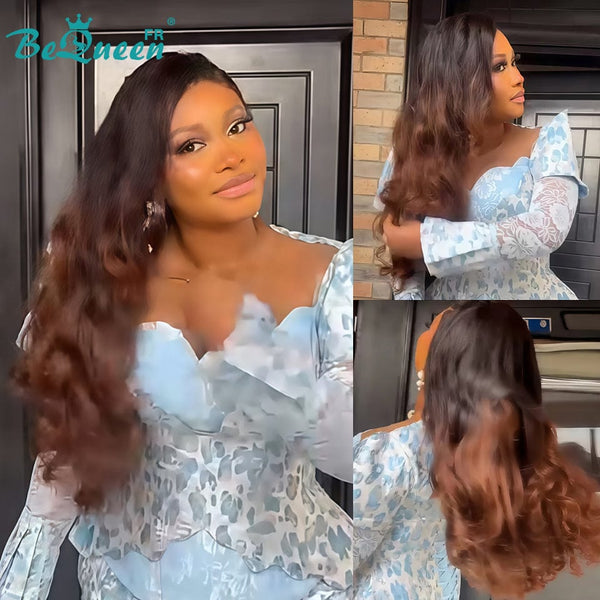 BeQueen “Hilary" Perruque Longue body wave Noir et marron avec Lace Frontale 28 Pouces Sans colle Moitié prix