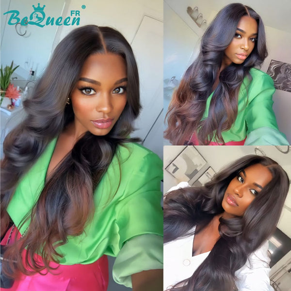 BeQueen „Hilary“ lange glatte schwarze und braune Perücke mit Spitzenfrontal 26 Zoll halbpreisig