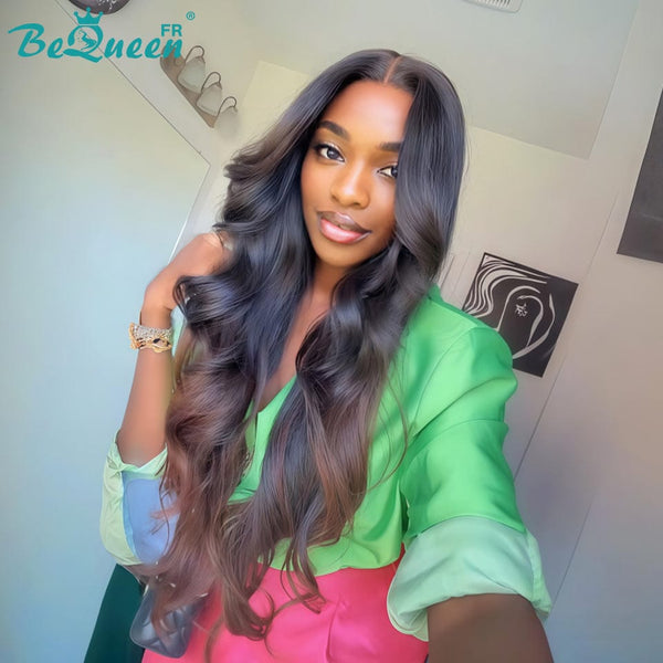 BeQueen „Hilary“ lange glatte schwarze und braune Perücke mit Spitzenfrontal 26 Zoll halbpreisig