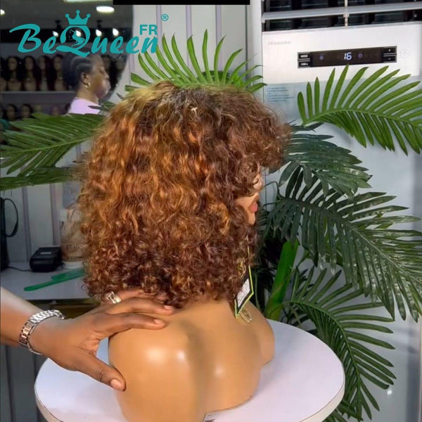 BeQueen "Josie" Bob Curly Wave Wig Brown Mix Honey Glueless 12 Inches Half Price