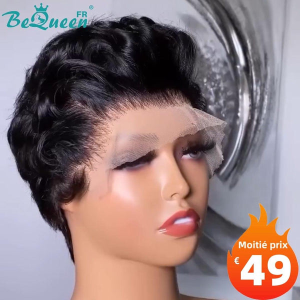 BeQueen "Maroney" Curly Pixie Wig Black Color with Lace Front Half Price