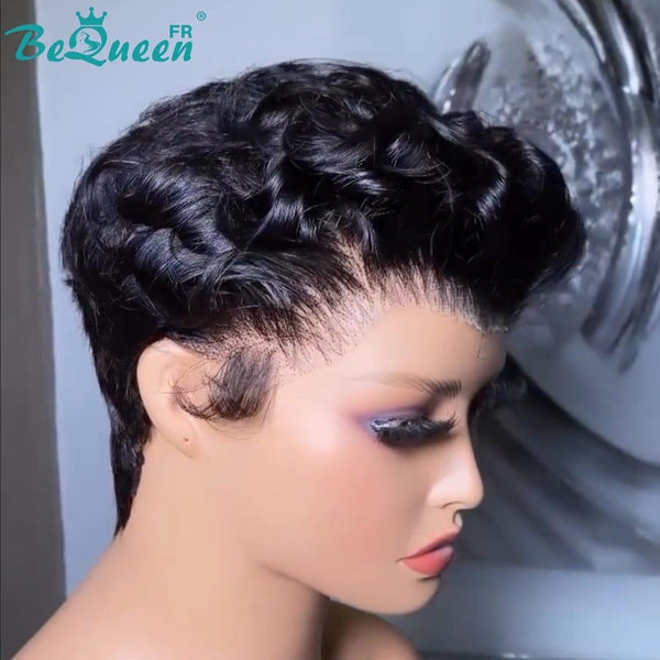 BeQueen "Maroney" Curly Pixie Wig Black Color with Lace Front Half Price