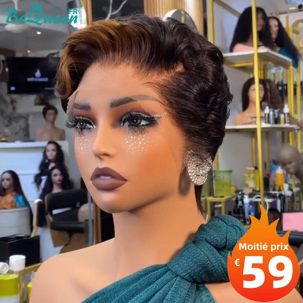 BeQueen "Pechon" Curly Pixie Wig Black and Brown with Lace Front Half Price