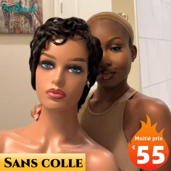 BeQueen "Pella" Curly Pixie Wig Black Color with Lace Front Half Price