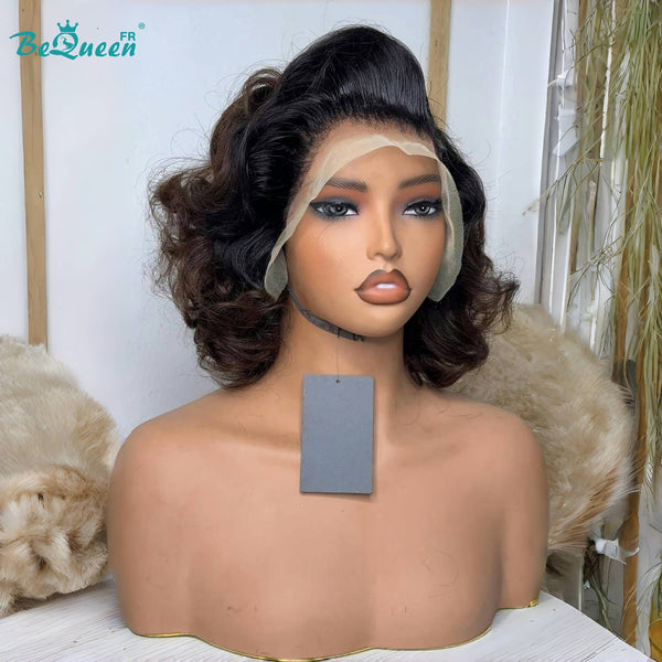 BeQueen "Polysia" Bob Bouncy Wig Black and Brown with Lace Front Style 3