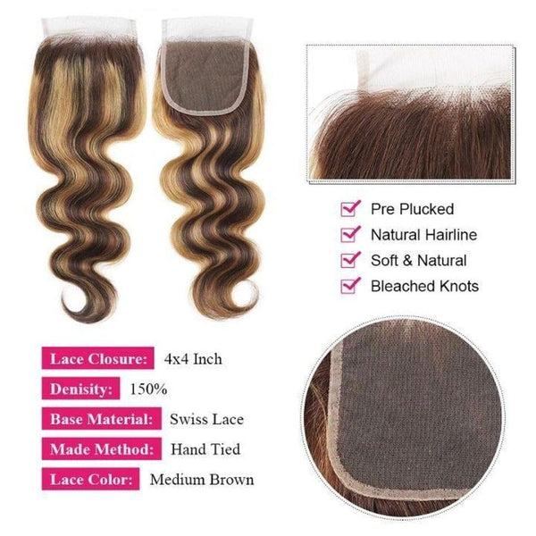 BeQueen Dentelle Closure 4x4 Body Wave Couleur 4/27