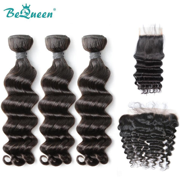 BeQueen Pacotes de Tecelagem Cabelo Malaio Onda Natural com Fecho/Dorsal 100% Cabelo humano. Cabelo virgem do tipo 8A