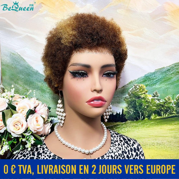 BeQueen "Edwina" Perruque Pixie Afro curl avec Lace Frontale 13x4 couleur marron mix miel Em França
