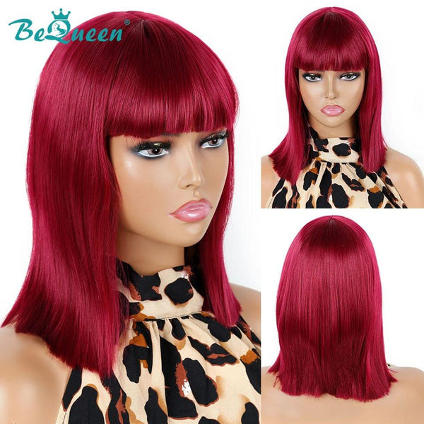 BeQueen Peruca Bob Colorida Corte Chinês Liso com Franja 100% fibra sintética à máquina