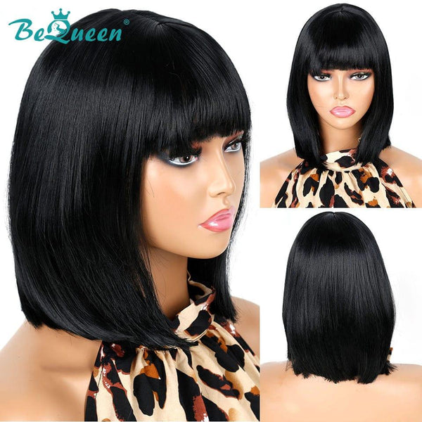 BeQueen Peruca Bob Colorida Corte Chinês Liso com Franja 100% fibra sintética à máquina