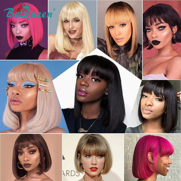 BeQueen Peruca Bob Colorida Corte Chinês Liso com Franja 100% fibra sintética à máquina