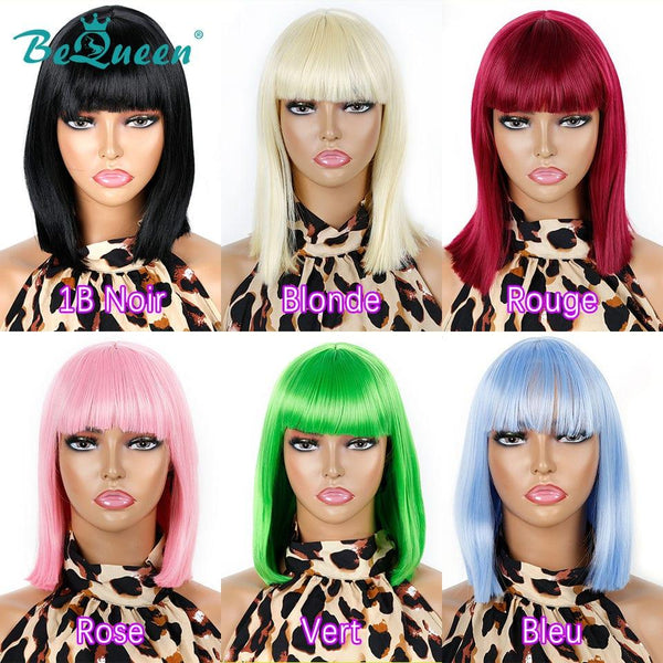 BeQueen Peruca Bob Colorida Corte Chinês Liso com Franja 100% fibra sintética à máquina