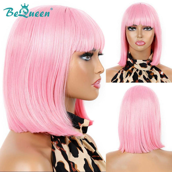 BeQueen Peruca Bob Colorida Corte Chinês Liso com Franja 100% fibra sintética à máquina