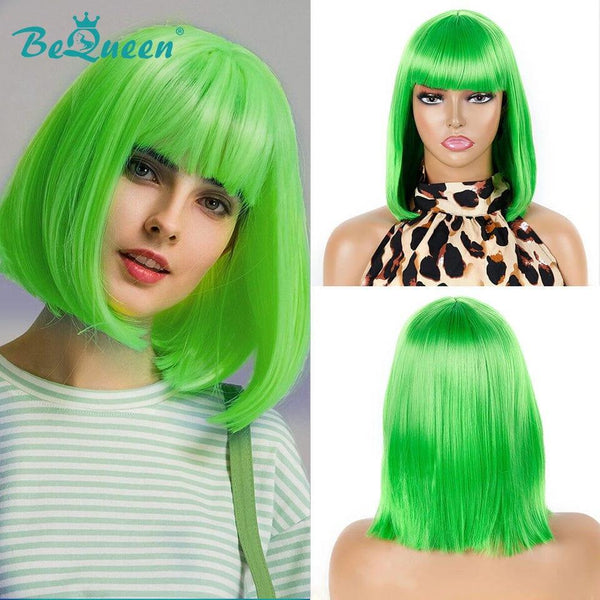 BeQueen Peruca Bob Colorida Corte Chinês Liso com Franja 100% fibra sintética à máquina