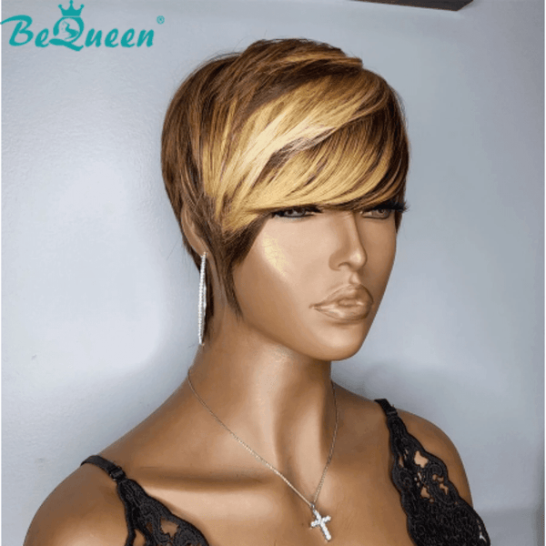 Bequeen 99€=2 perruques Perruque Pixie Lisse Courte Vintage Miel Châtain à la machine
