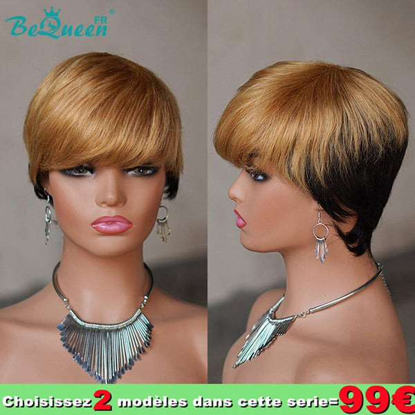BeQueen 99€ = 2 pelucas "Sue" Peluca Pixie lisa a máquina Miel y Negro