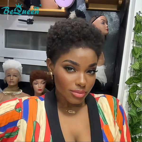 BeQueen "Edwina" Short Afro Wig Black All with 13x4 Lace Frontal