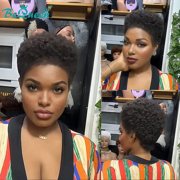 BeQueen "Edwina" Short Afro Wig Black All with 13x4 Lace Frontal