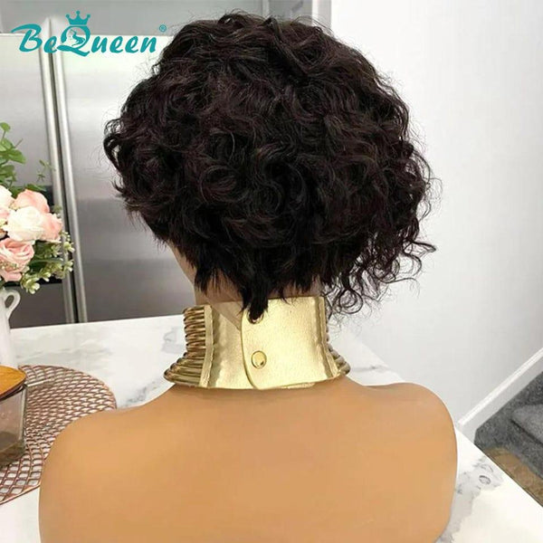BeQueen Perruque Pixie Dentelle Frontale Curly Asymétrique Noir/Marron