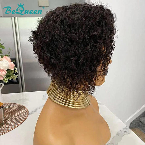BeQueen Perruque Pixie Dentelle Frontale Curly Asymétrique Noir/Marron