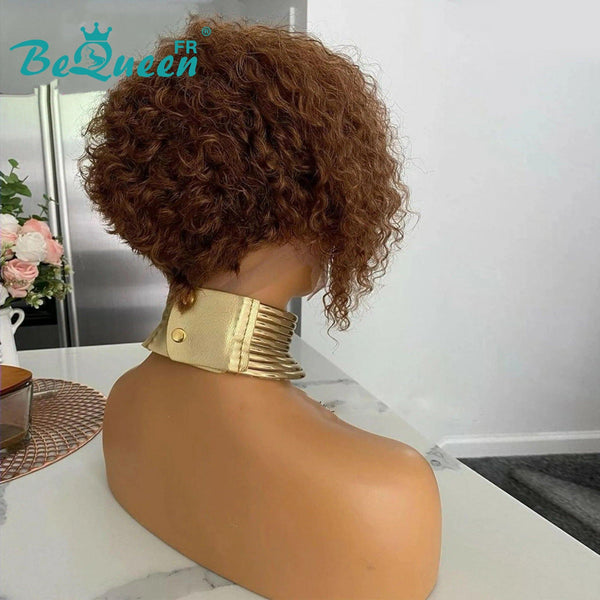 BeQueen Perruque Pixie Dentelle Frontale Curly Asymétrique Noir/Marron