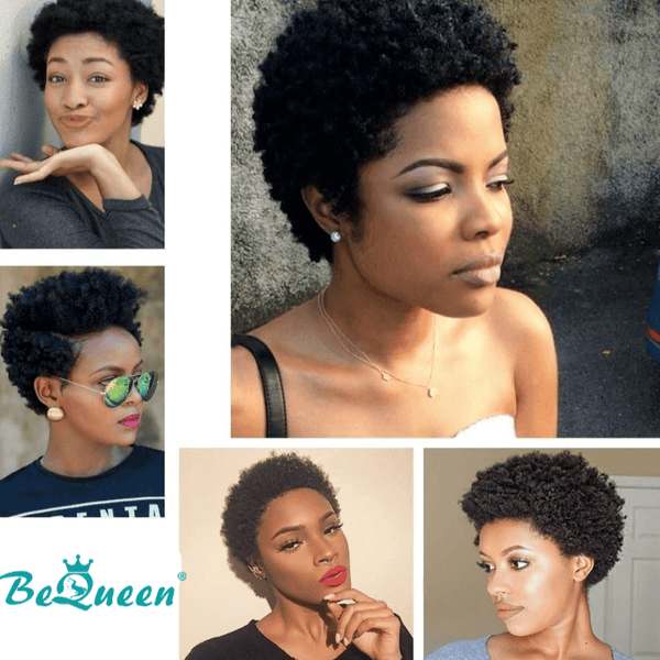 BeQueen Peluca Rizada Pixie Cabello Marrón Estilo Afro 100% Cabello Humano Fabricado a Maquina