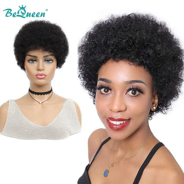 BeQueen Peluca Rizada Pixie Cabello Marrón Estilo Afro 100% Cabello Humano Fabricado a Maquina