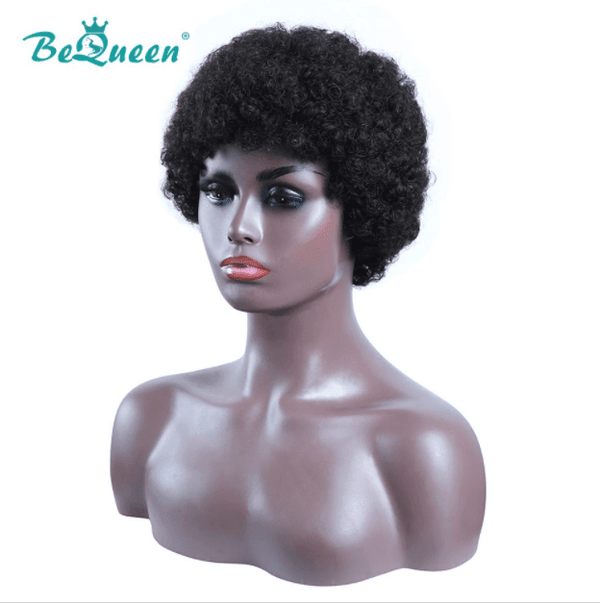 BeQueen Peluca Rizada Pixie Cabello Marrón Estilo Afro 100% Cabello Humano Fabricado a Maquina