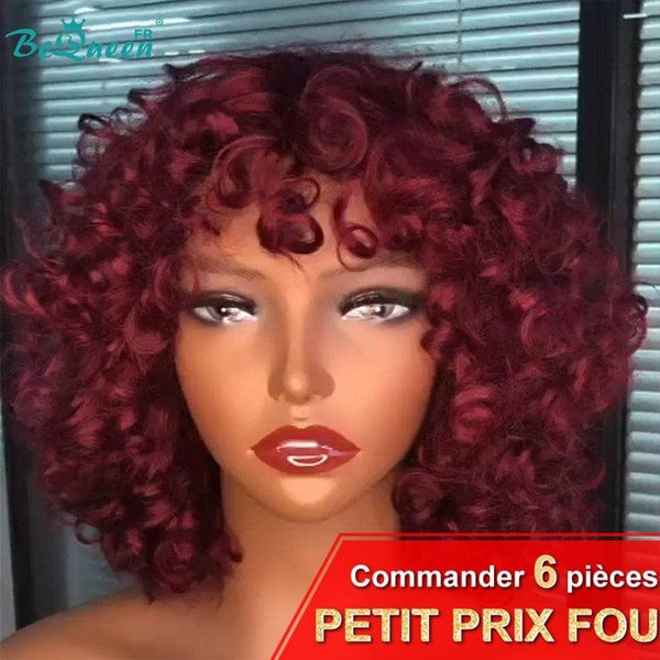 BeQueen "Stella" Egg Wave Bob Wig with Bangs Machine Made Burgundy Red Crazy Low Price