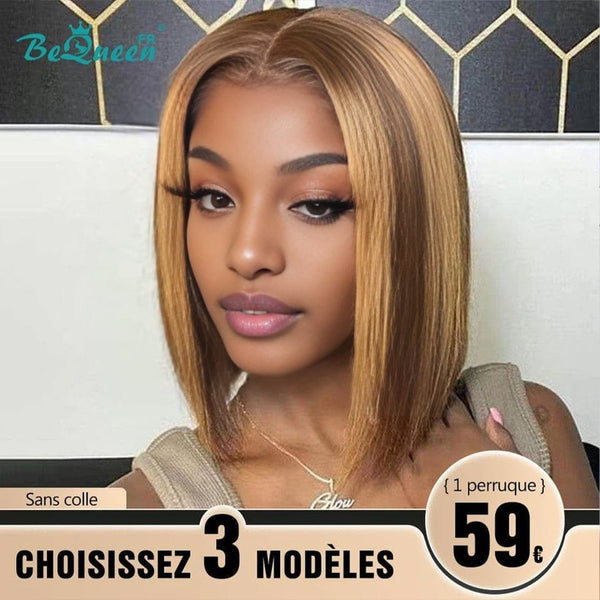 BeQueen 179€=3 perruques "Bonnie" Perruque BOB 8 Pouce Marron mix Miel avec Lace Closure Sans colle