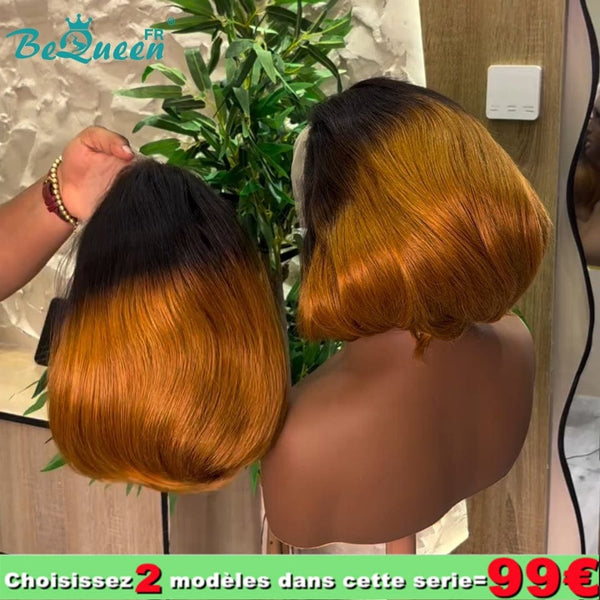 BeQueen 99€ = 2 pelucas "Edwina" Peluca Pixie Afro rizada con Frontera de Encaje 13x4 Miel