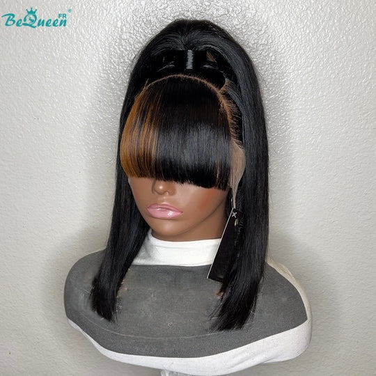 Bequeen Perruque "Naomi" noir mix miel avec frange avec chigon 100% cheveux humains style 3