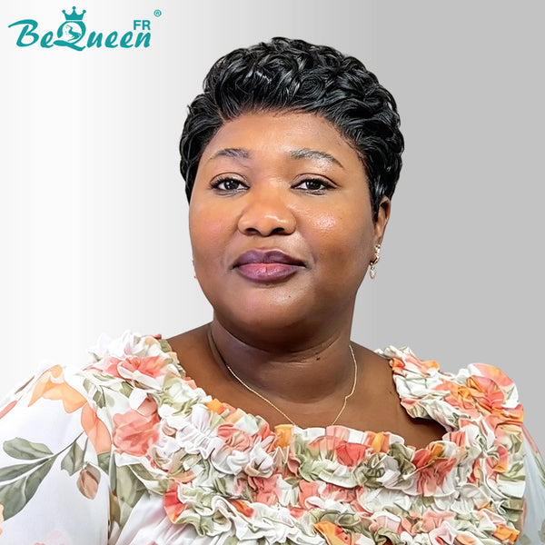 BeQueen "Coco" Perruque Noir avec lace frontale kinky curly pixie sans colle 100% cheveux humains style 5
