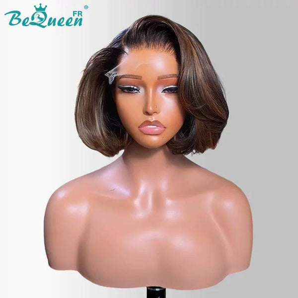BeQueen "Chris" Peluca pixie lisa con raíz negra y marrón, raya lateral, lace frontal sin pegamento, 100% raw hair, buena calidad, puede durar 20 años, estilo 20